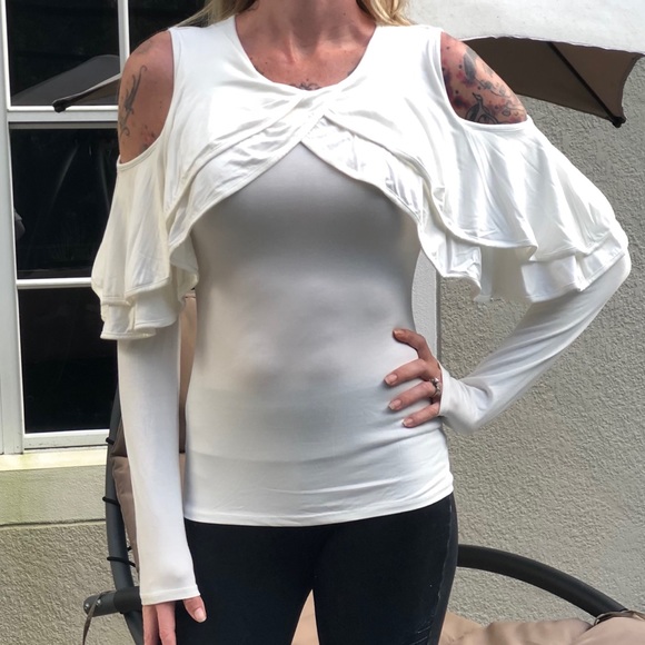 White Ruffle Cold Shoulder Top - Picture 1 of 8